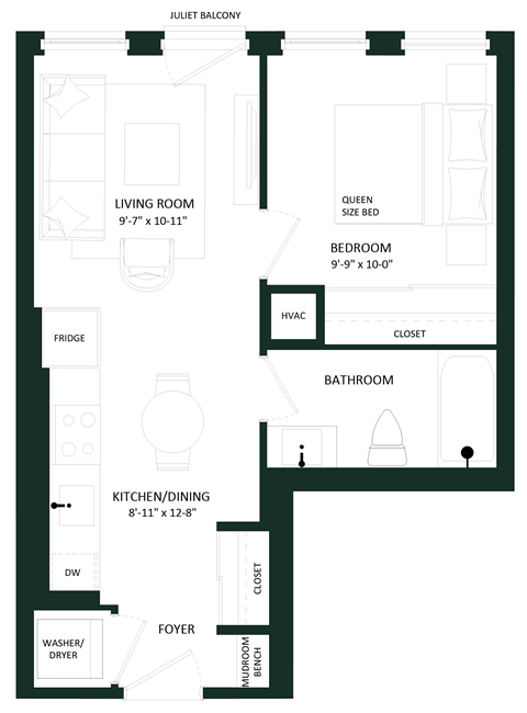 a floor plan of a house with a bedroom and a living room